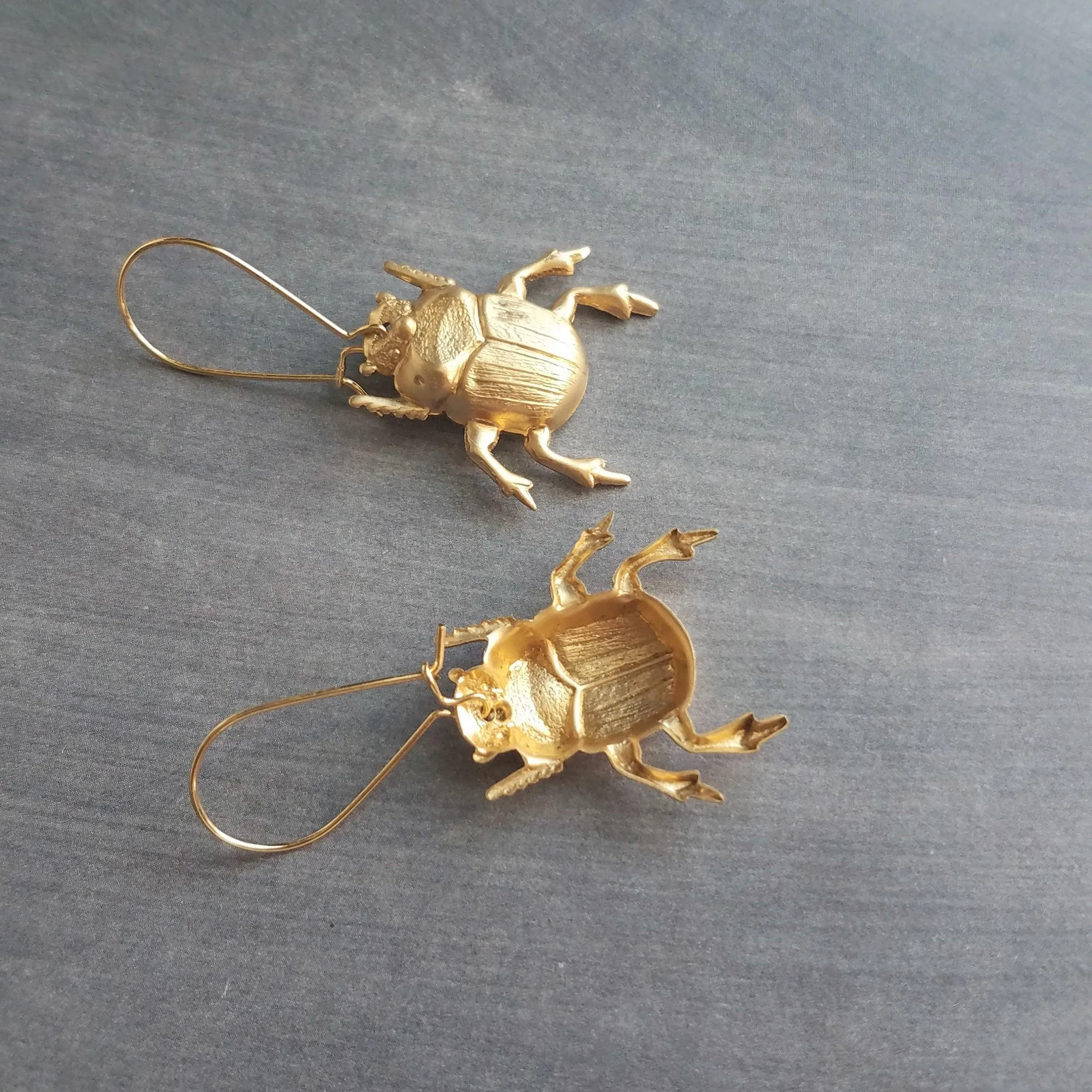 Gold Beetle Earrings, large beetle earring, gold insect earring, big bug earring, insect jewelry, gold bug dangle, latching kidney ear hook