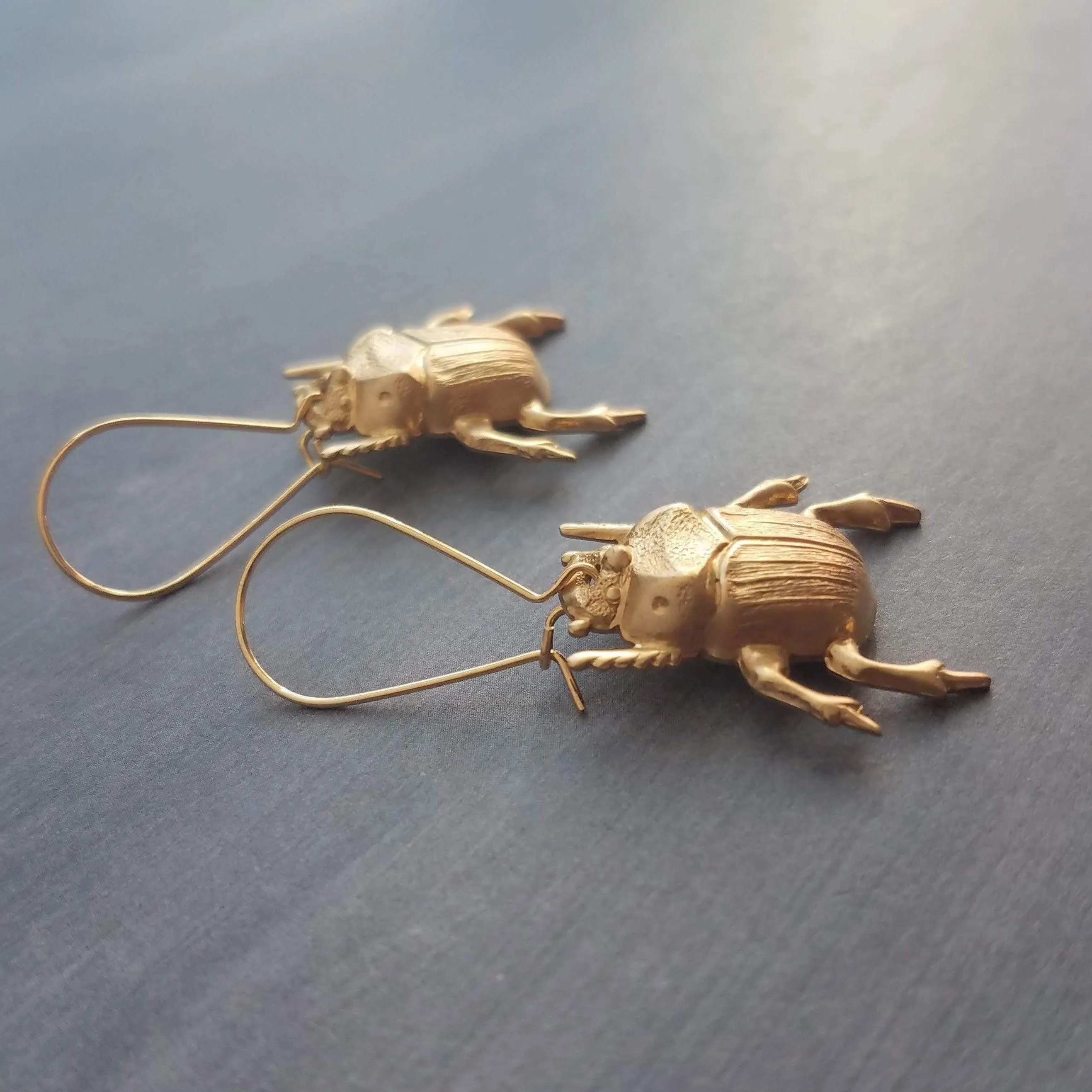 Gold Beetle Earrings, large beetle earring, gold insect earring, big bug earring, insect jewelry, gold bug dangle, latching kidney ear hook
