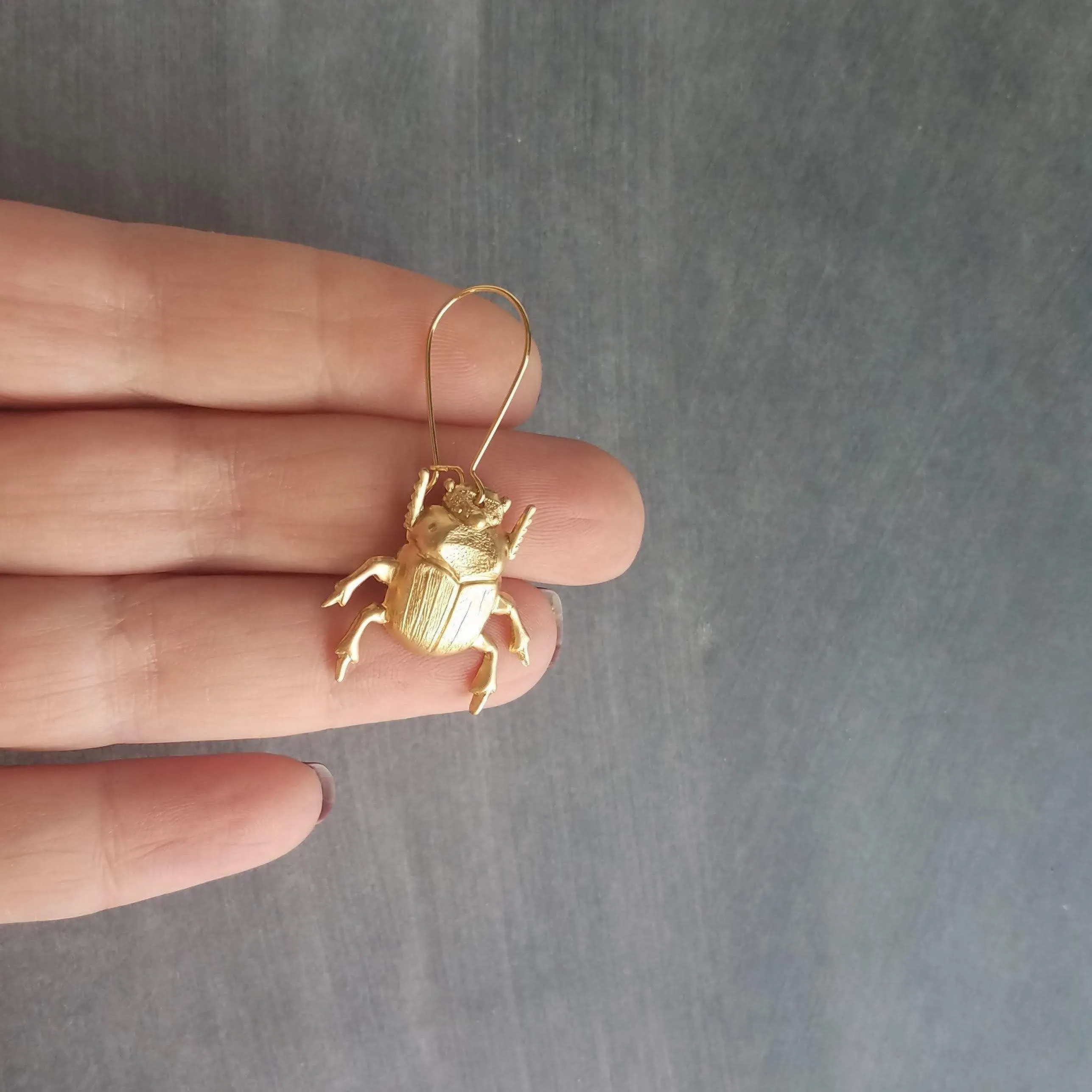 Gold Beetle Earrings, large beetle earring, gold insect earring, big bug earring, insect jewelry, gold bug dangle, latching kidney ear hook