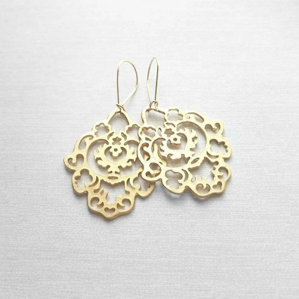 Gold Lace Earrings, gold hamsa earring, Arabesque earring, gold filigree earring, cut out earrings, large fancy gold earrings, Moroccan Boho