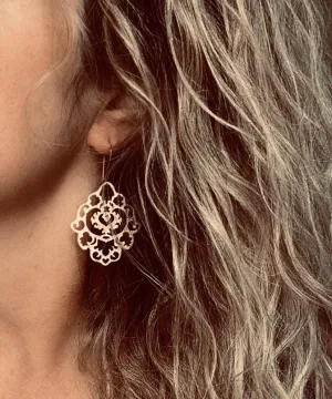 Gold Lace Earrings, gold hamsa earring, Arabesque earring, gold filigree earring, cut out earrings, large fancy gold earrings, Moroccan Boho