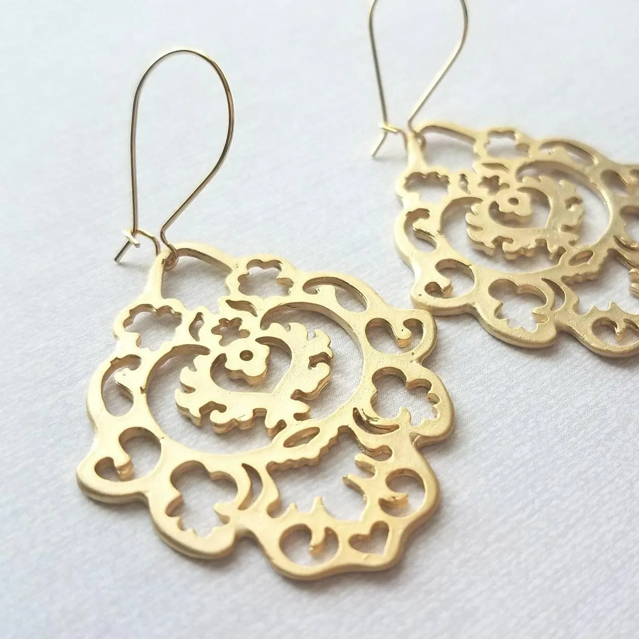 Gold Lace Earrings, gold hamsa earring, Arabesque earring, gold filigree earring, cut out earrings, large fancy gold earrings, Moroccan Boho