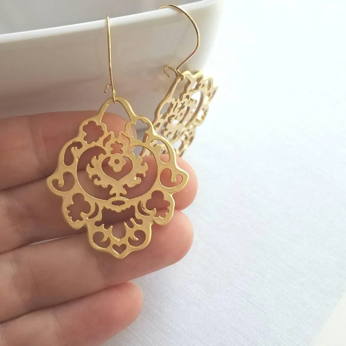 Gold Lace Earrings, gold hamsa earring, Arabesque earring, gold filigree earring, cut out earrings, large fancy gold earrings, Moroccan Boho