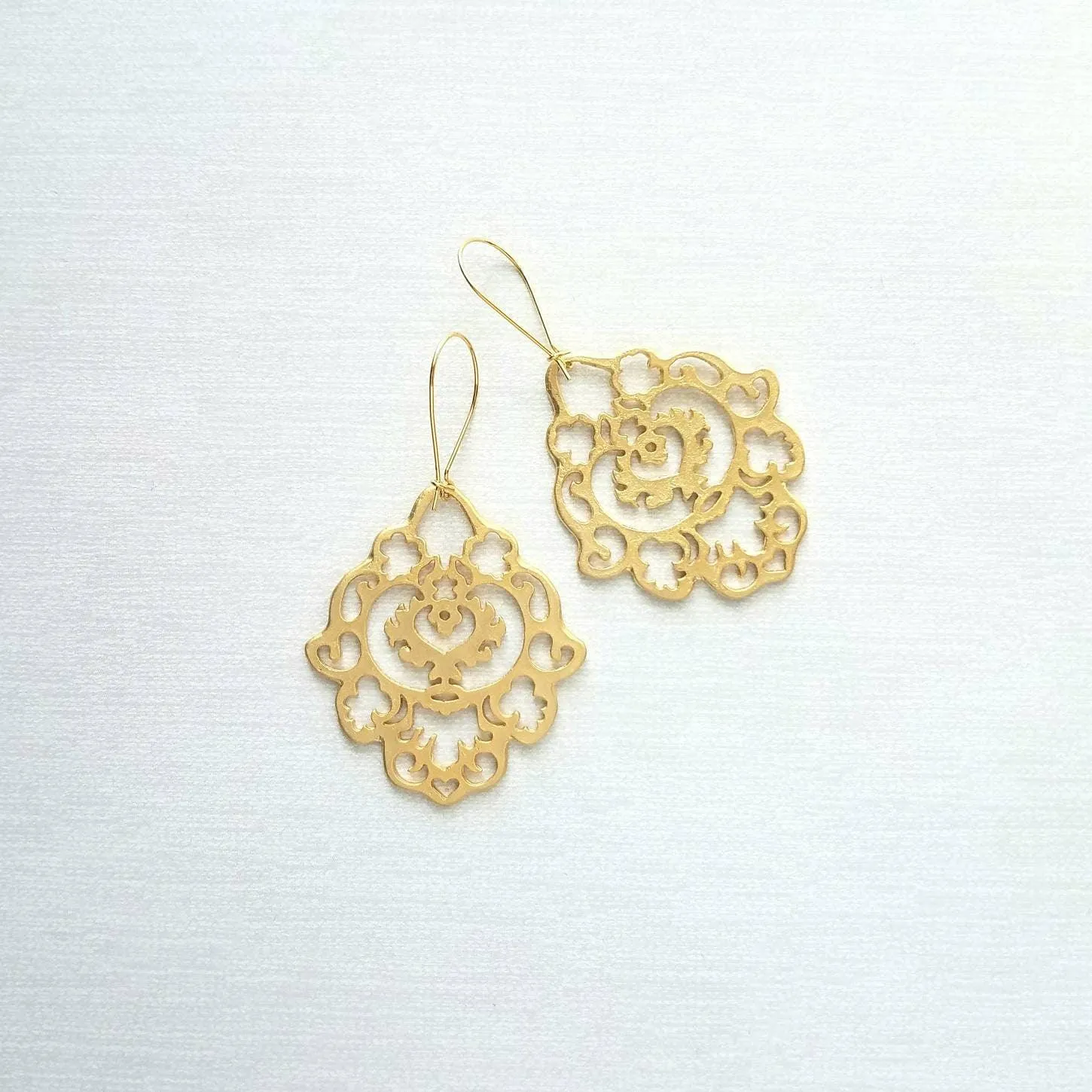 Gold Lace Earrings, gold hamsa earring, Arabesque earring, gold filigree earring, cut out earrings, large fancy gold earrings, Moroccan Boho
