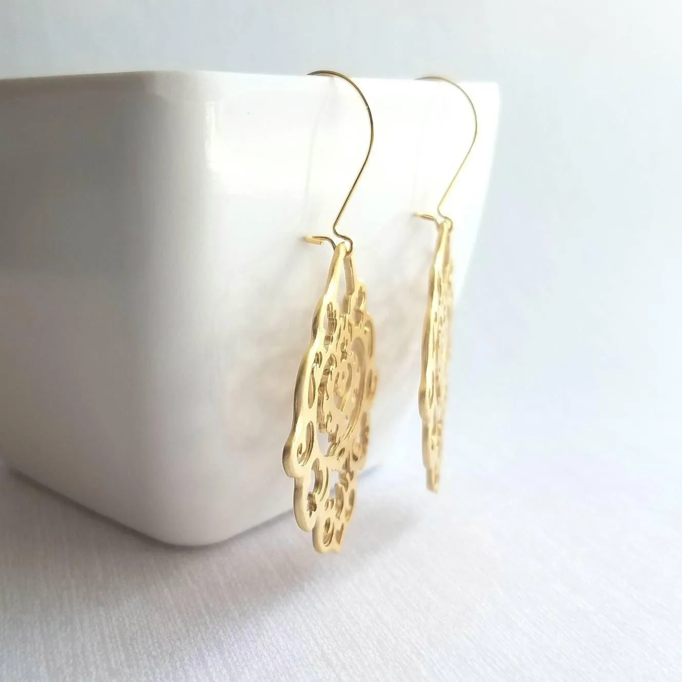 Gold Lace Earrings, gold hamsa earring, Arabesque earring, gold filigree earring, cut out earrings, large fancy gold earrings, Moroccan Boho