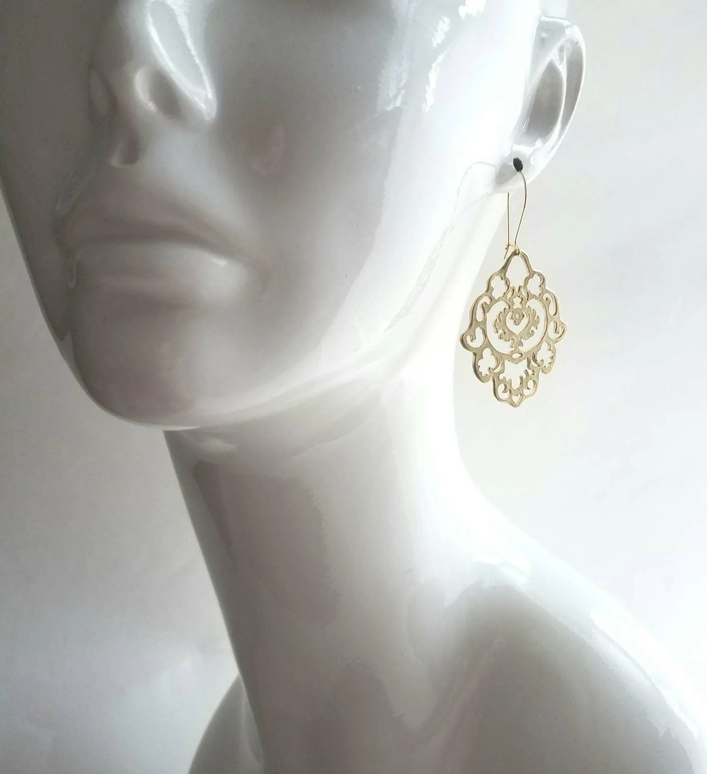 Gold Lace Earrings, gold hamsa earring, Arabesque earring, gold filigree earring, cut out earrings, large fancy gold earrings, Moroccan Boho
