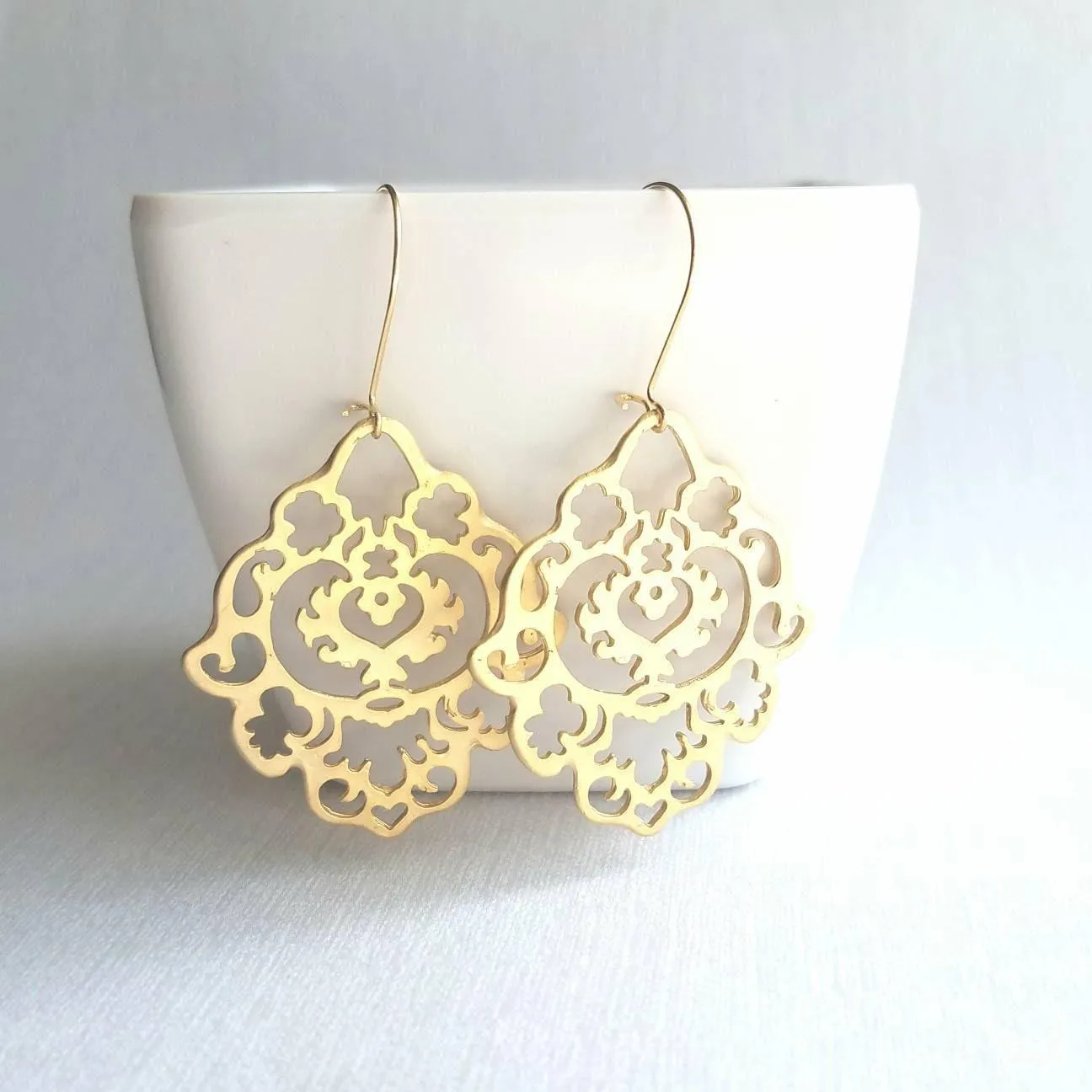 Gold Lace Earrings, gold hamsa earring, Arabesque earring, gold filigree earring, cut out earrings, large fancy gold earrings, Moroccan Boho