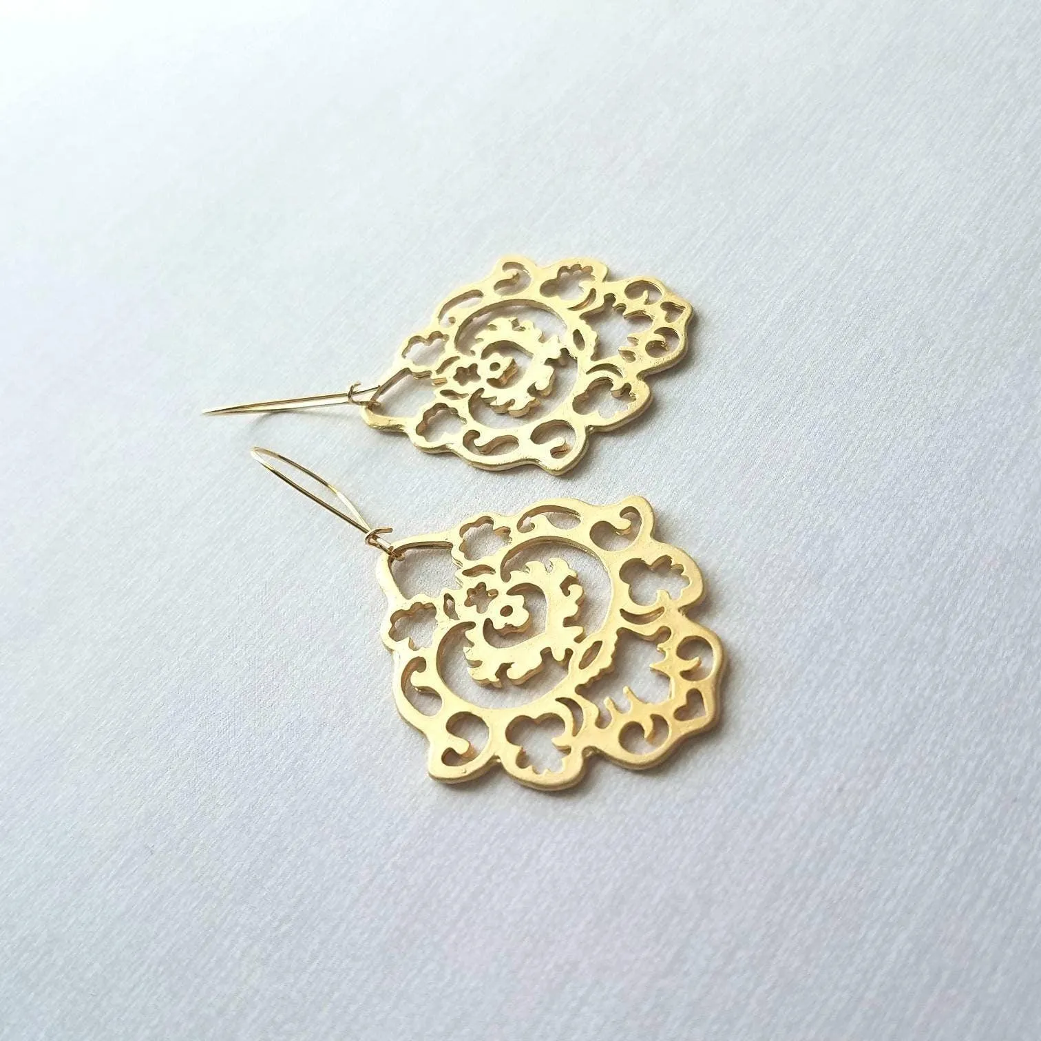 Gold Lace Earrings, gold hamsa earring, Arabesque earring, gold filigree earring, cut out earrings, large fancy gold earrings, Moroccan Boho
