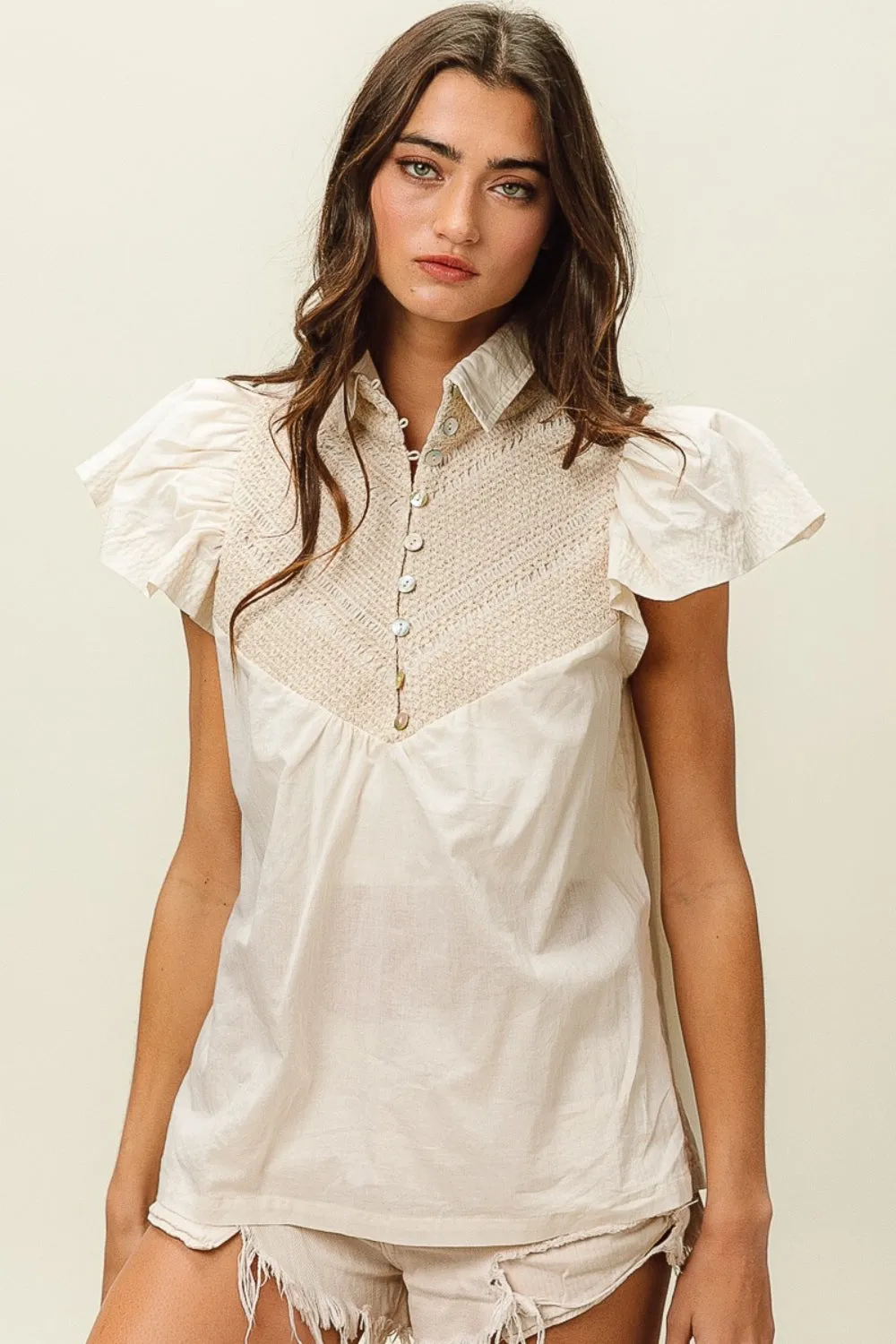 Hazel Blues® |  BiBi Half Button Collared Neck Short Sleeve Top