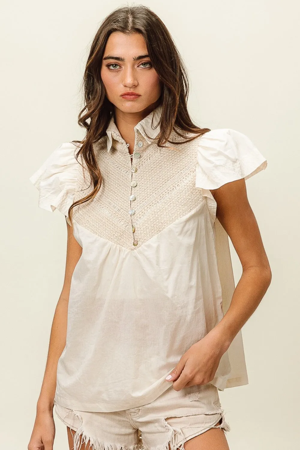 Hazel Blues® |  BiBi Half Button Collared Neck Short Sleeve Top