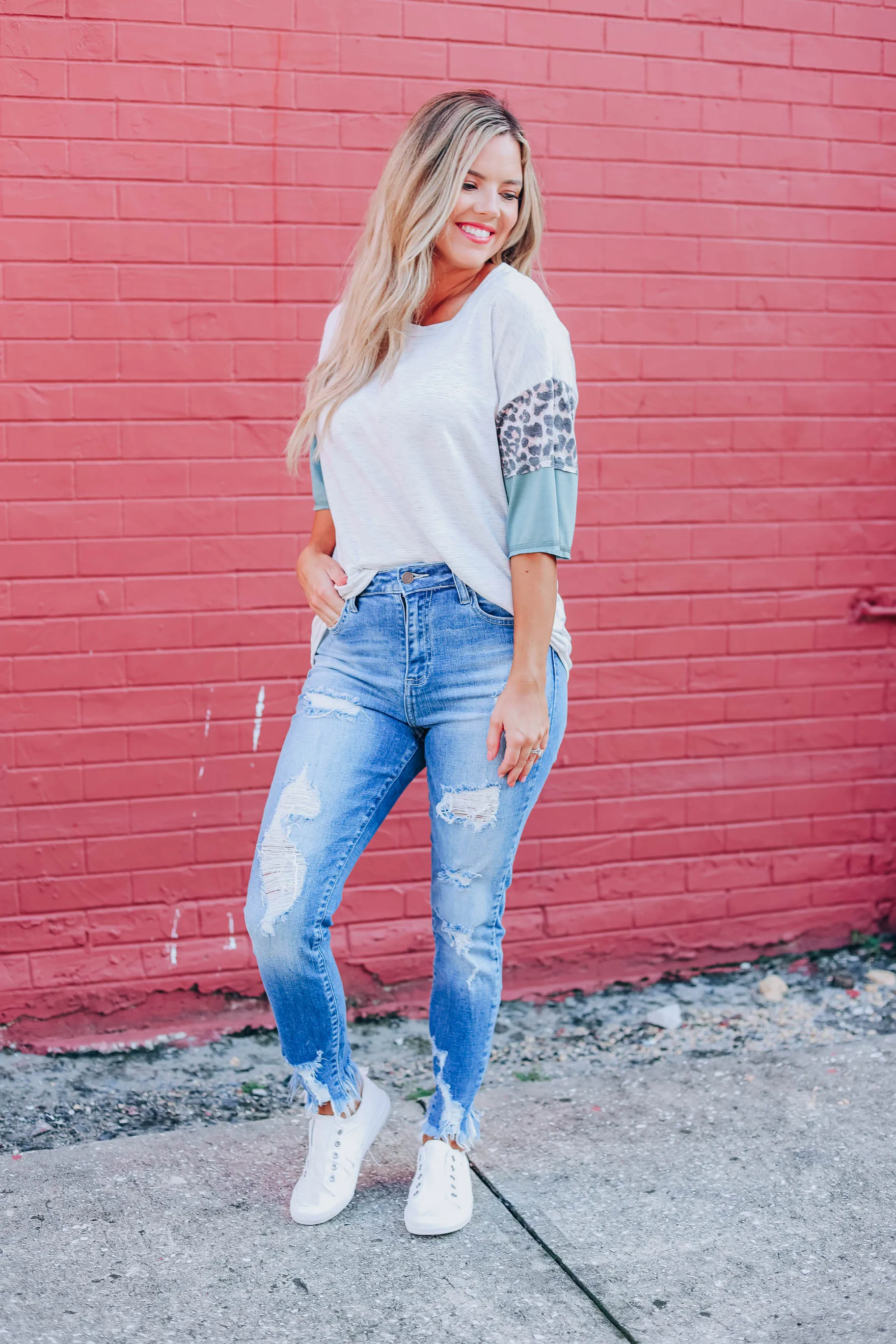 Heather Striped Color Block Top - Olive