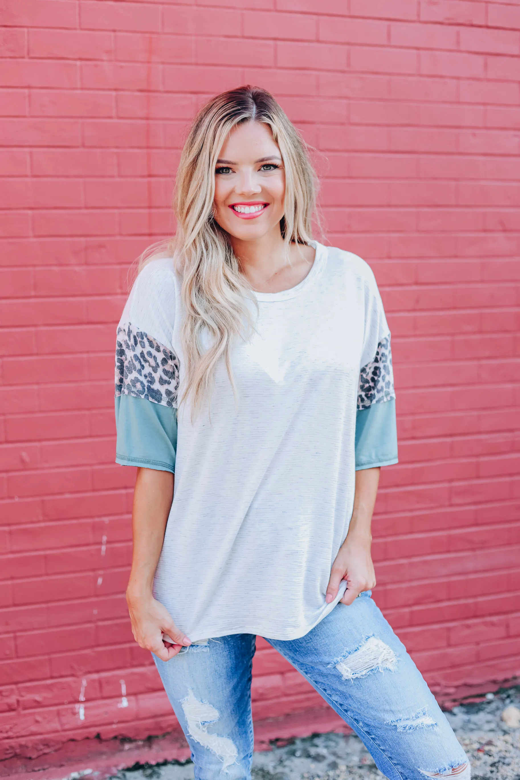 Heather Striped Color Block Top - Olive