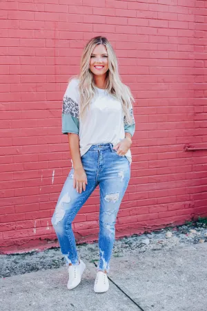 Heather Striped Color Block Top - Olive