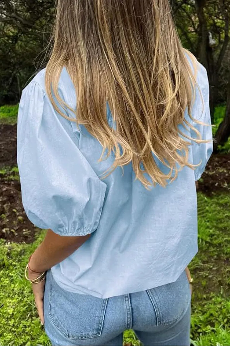 HTZ1085 Puff Sleeve Button-Up Blouse Top