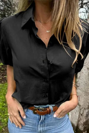 HTZ1085 Puff Sleeve Button-Up Blouse Top