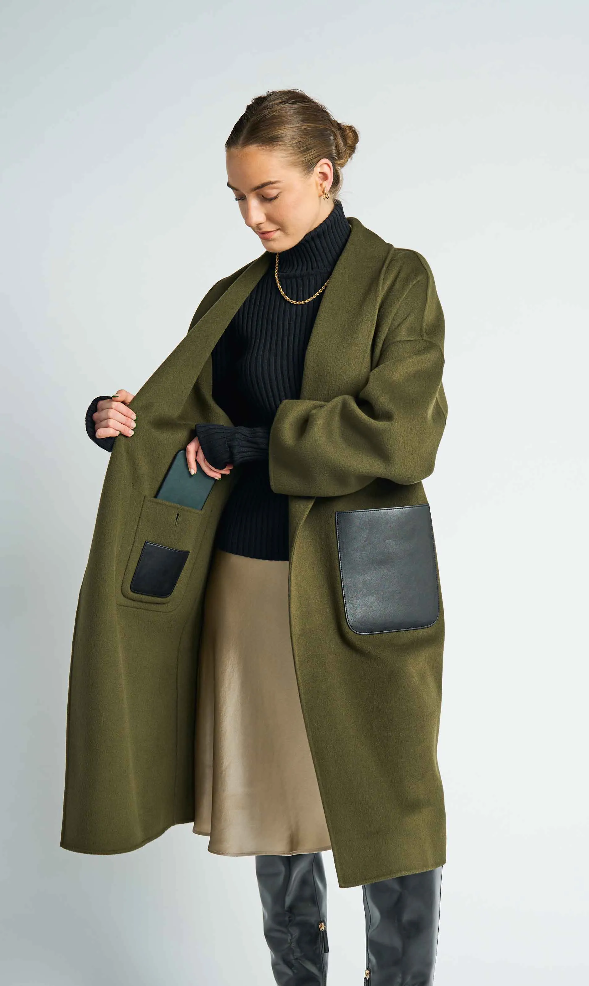 JL065D Hourglass Cashmere Belted Coat - Olive