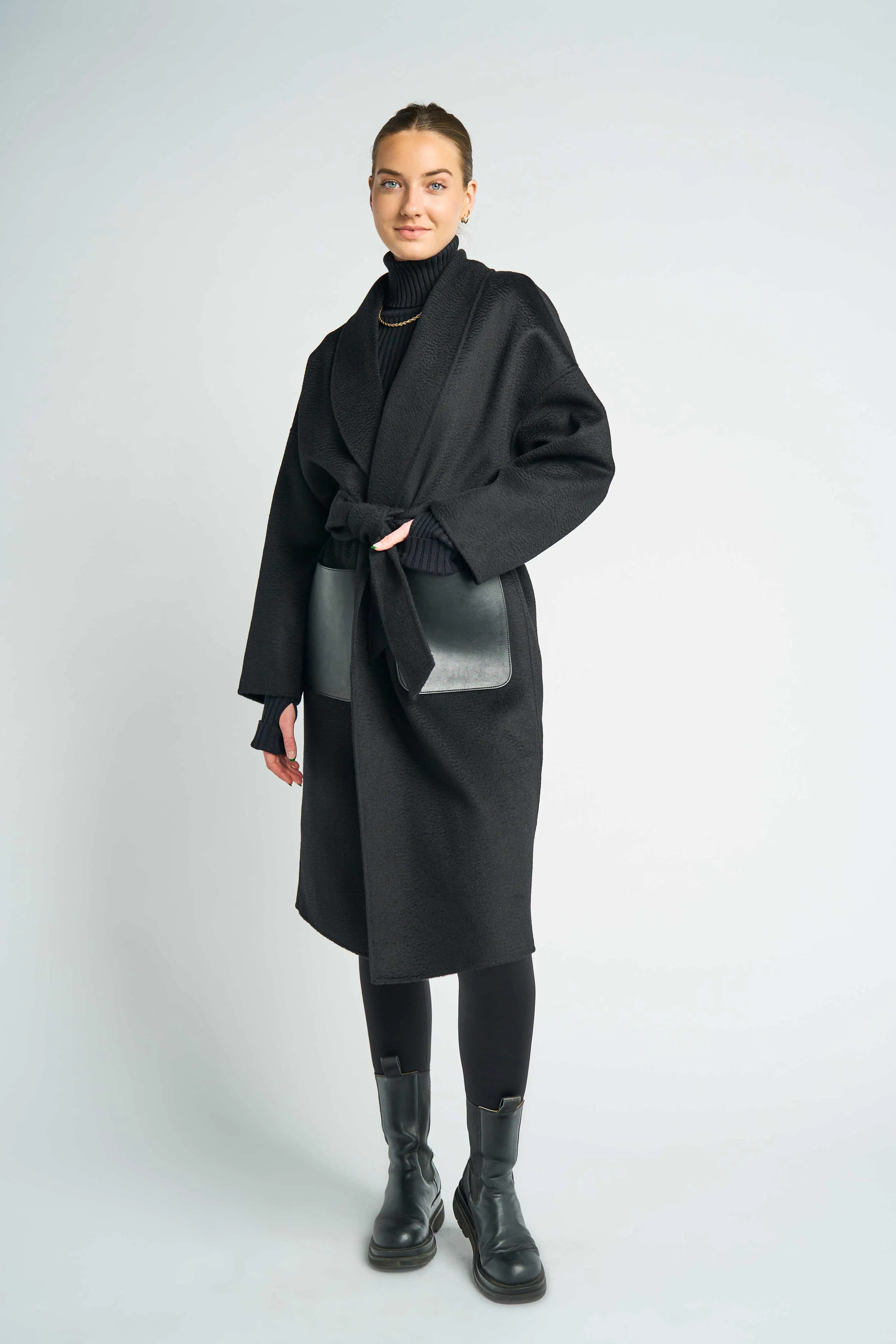 JL065E Hourglass Cashmere Belted Coat - Black