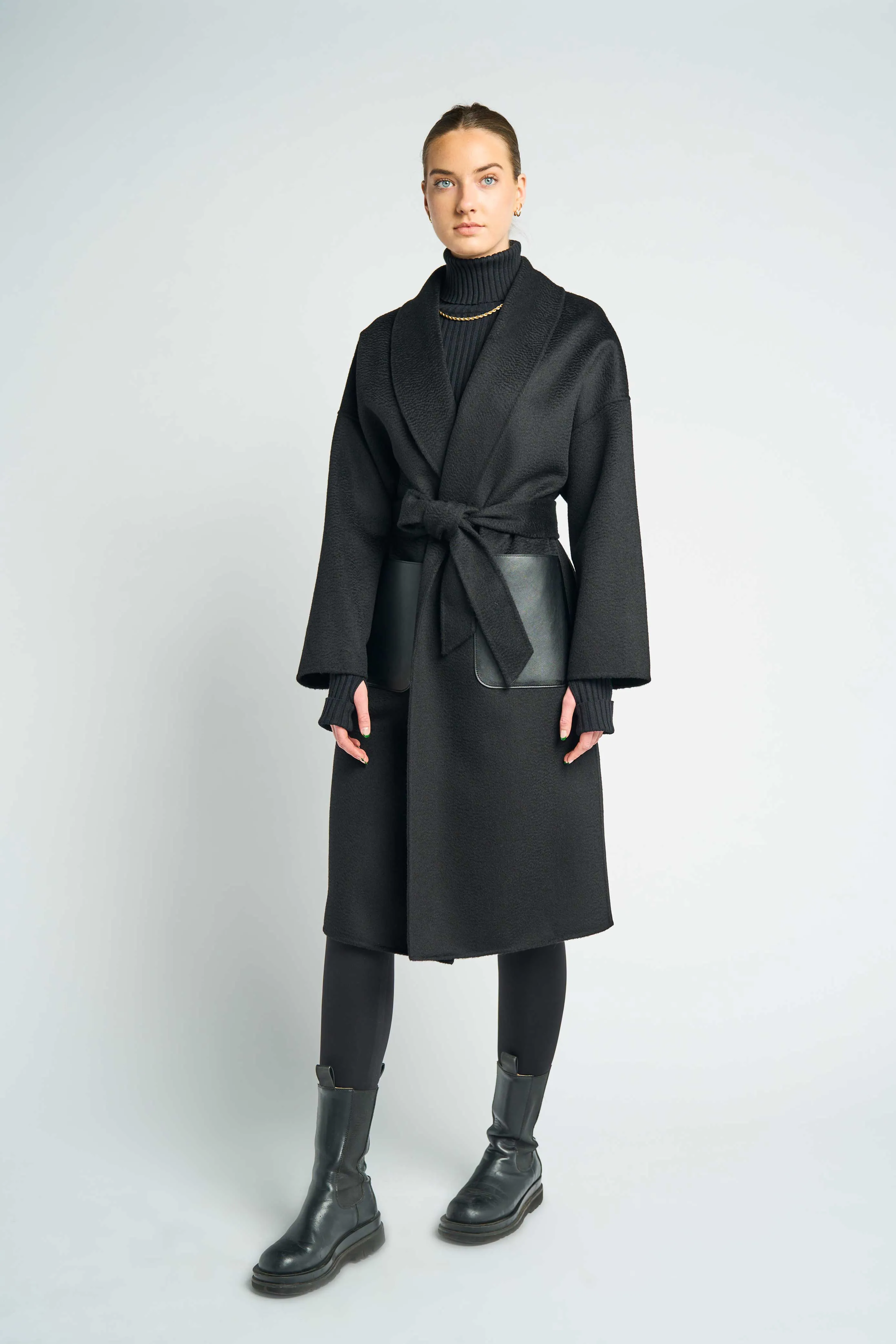 JL065E Hourglass Cashmere Belted Coat - Black