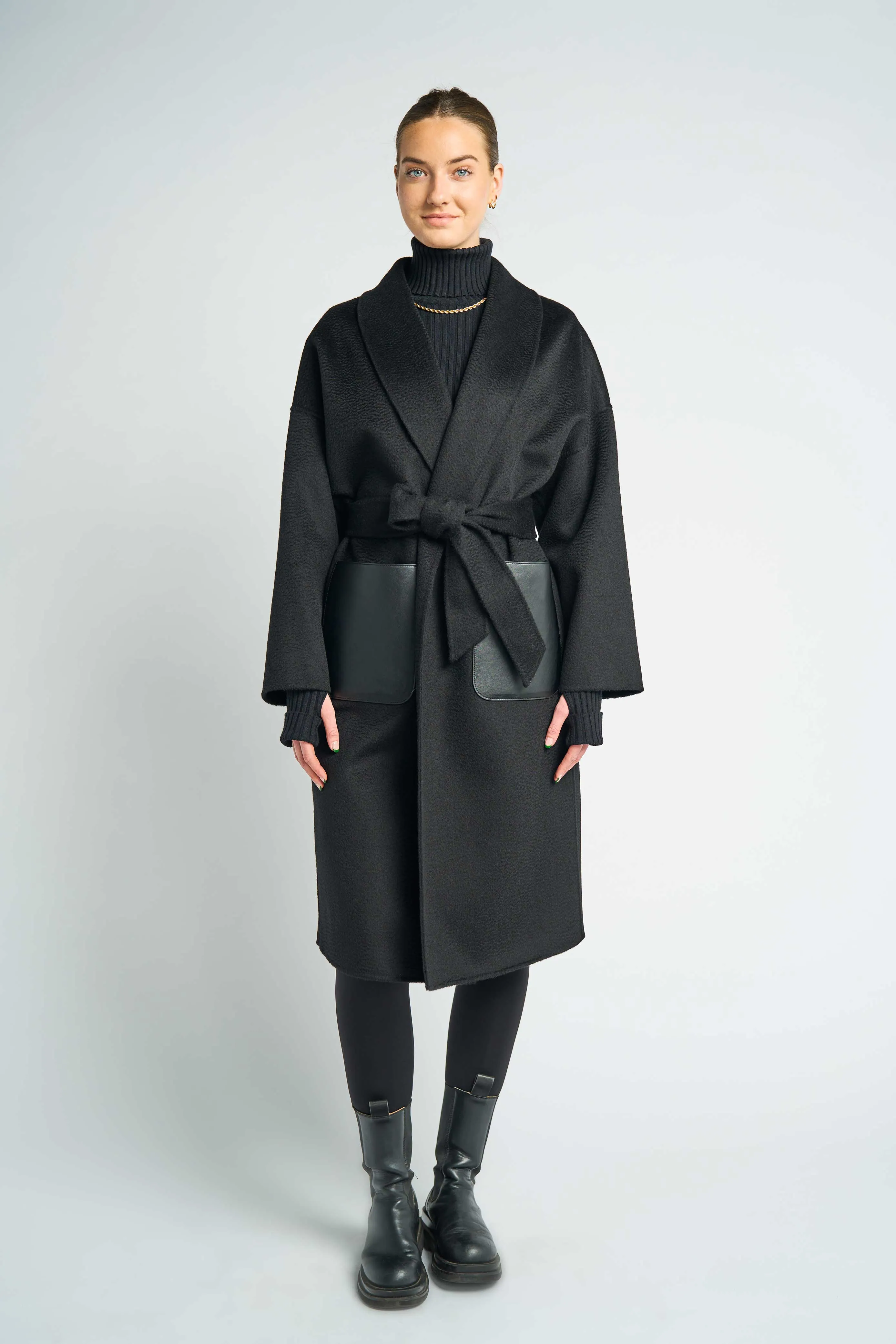 JL065E Hourglass Cashmere Belted Coat - Black