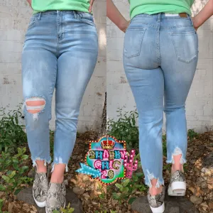 Judy Blue Light Denim Distressed Boyfriend Jeans