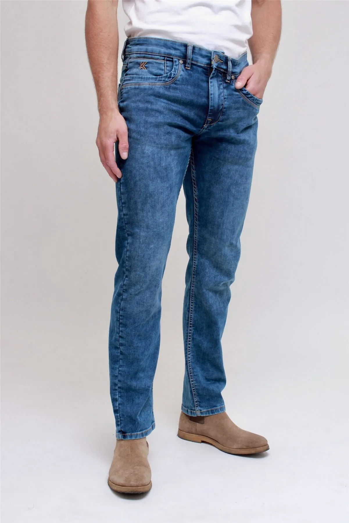 KAM Knitted Regular Fit Jeans For Men in Light Wash, 40W to 60W