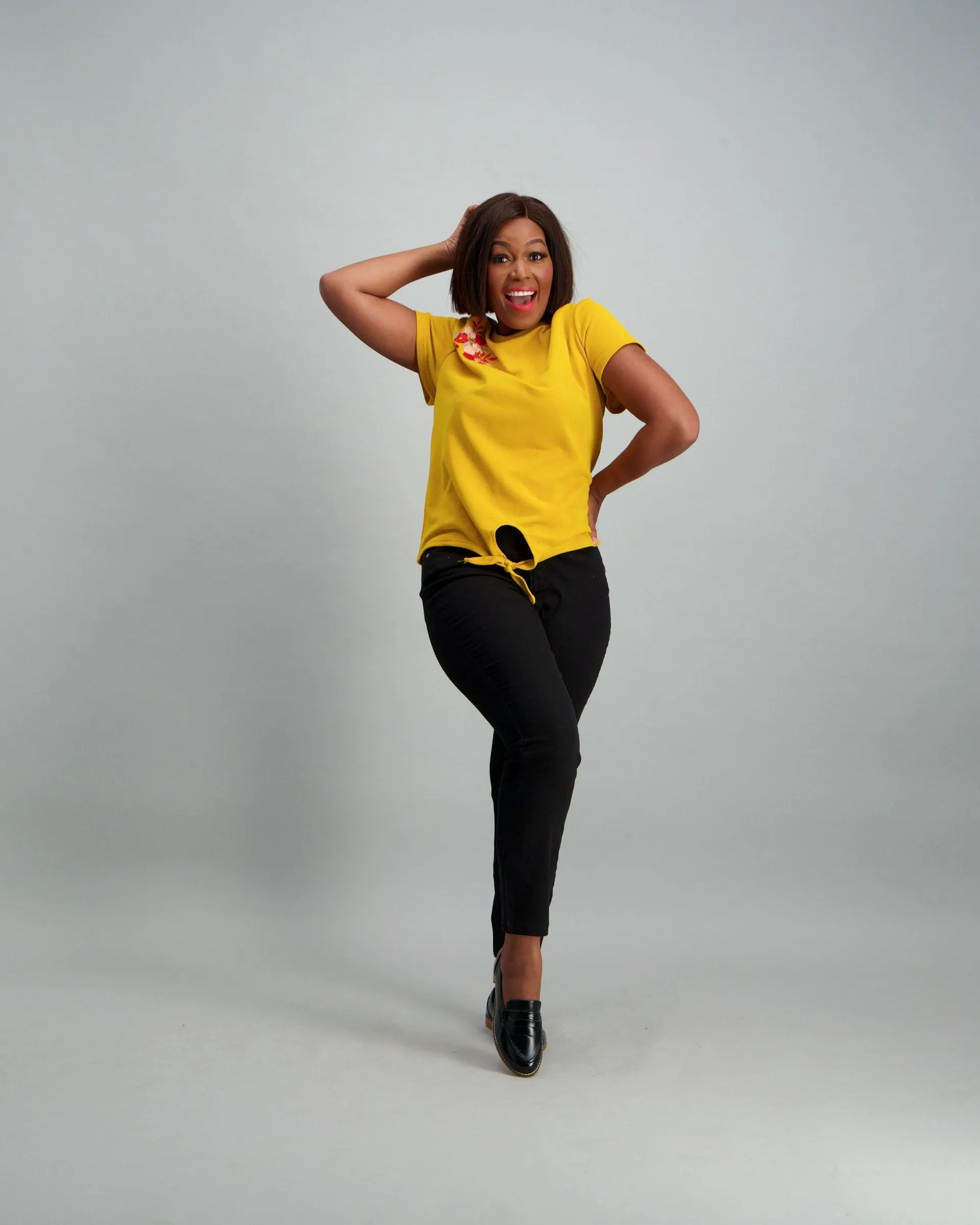 Ladies Floral Embroided Tie Hem T-Shirt - Mustard