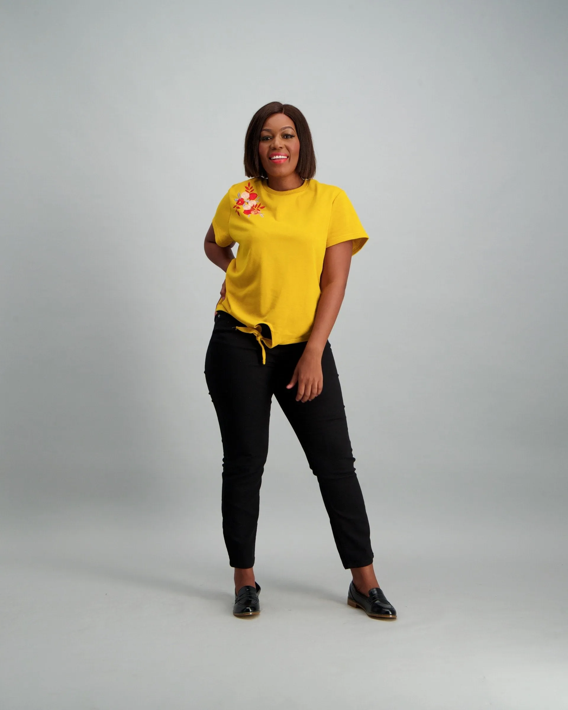 Ladies Floral Embroided Tie Hem T-Shirt - Mustard