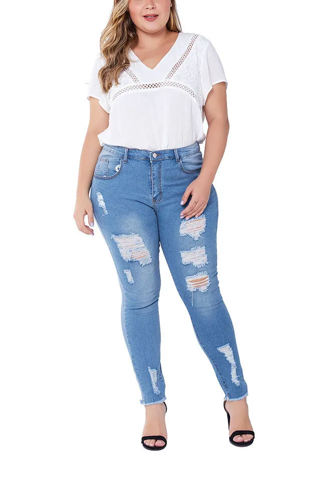 Large Size Jeans Female Hole-breaking Stretched Slim Ladies Jeans