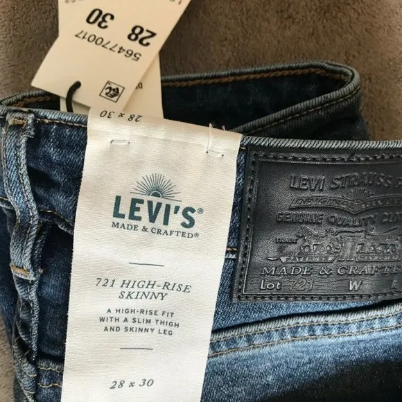 Levis Made &amp; Crafted 721 Hi Rise West Coast Blue Jeans 26x30 Skinny Stretch NWT