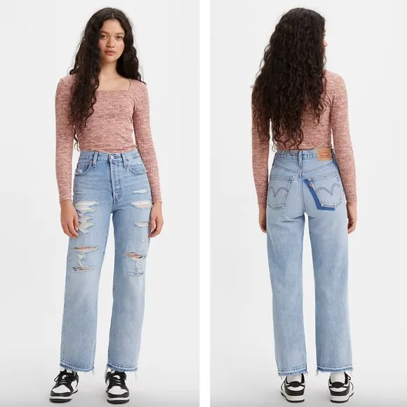Levi's - Ribcage Straight Ankle Jeans - Light Indigo Destructed - Blue