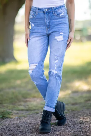 Light Wash Convertible Cuff Mom Jeans