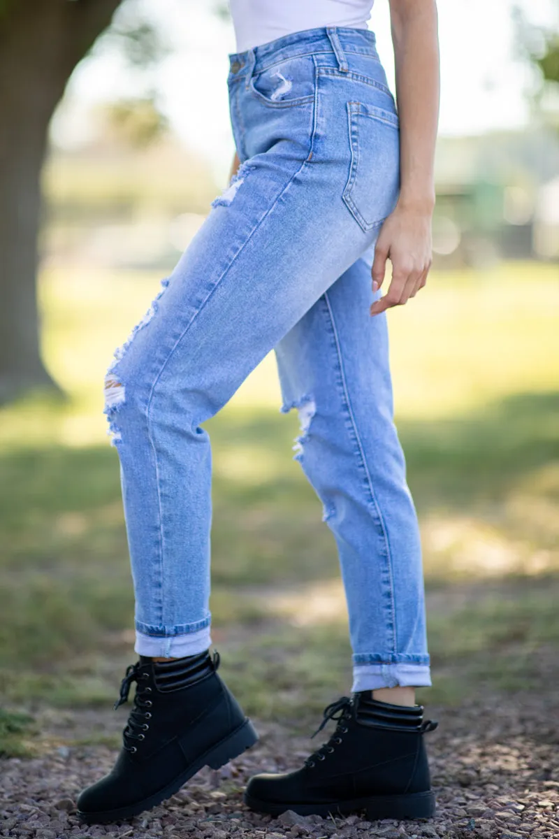 Light Wash Convertible Cuff Mom Jeans