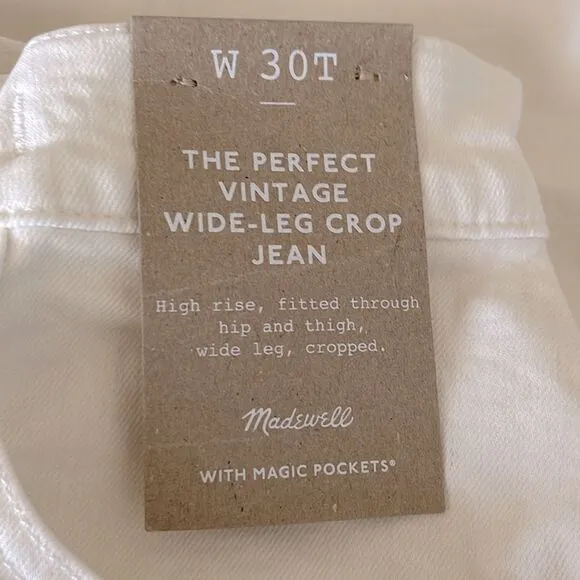 Madewell NWT Tall Perfect Vintage Wide Leg Crop Jeans Size 30T in Tile White