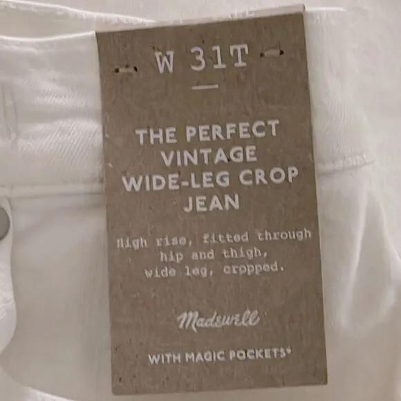 Madewell NWT Tall Perfect Vintage Wide-Leg Crop Jeans Size 31T High Rise White