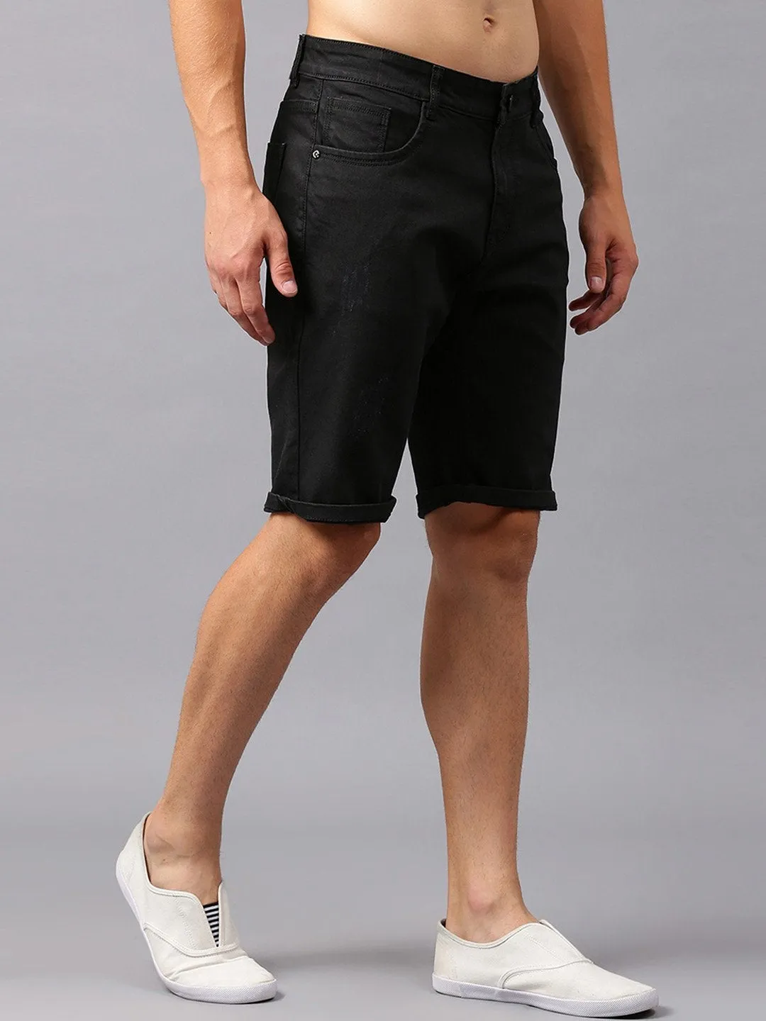 Men Black Solid Slim Fit Denim Shorts