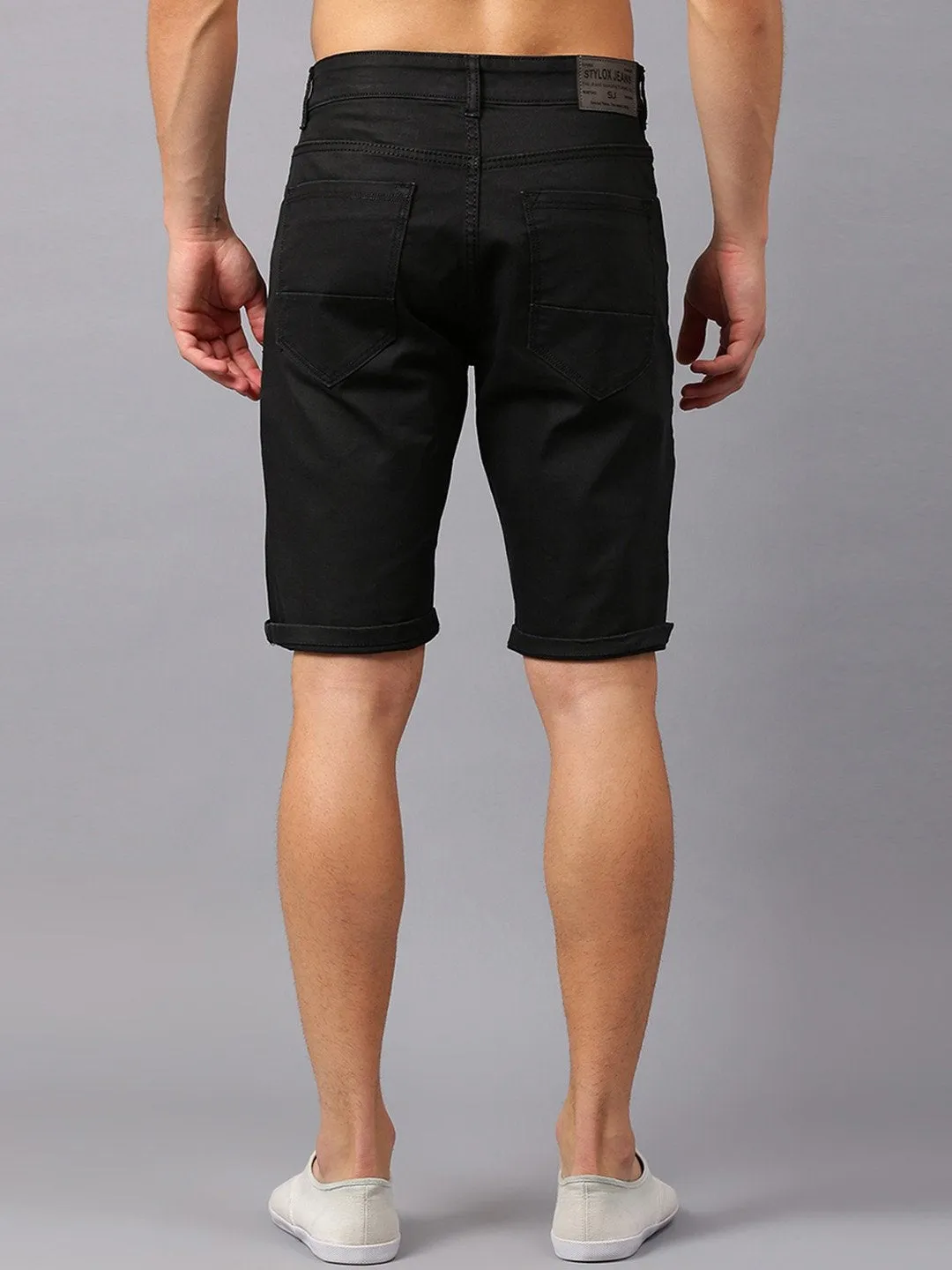 Men Black Solid Slim Fit Denim Shorts