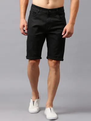 Men Black Solid Slim Fit Denim Shorts
