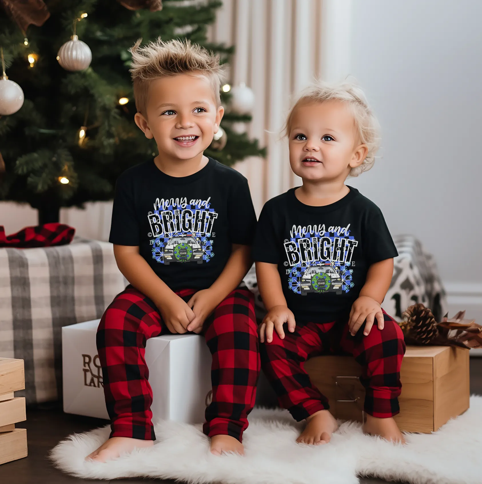 Merry   Bright Checkered POLICE © Youth Tee