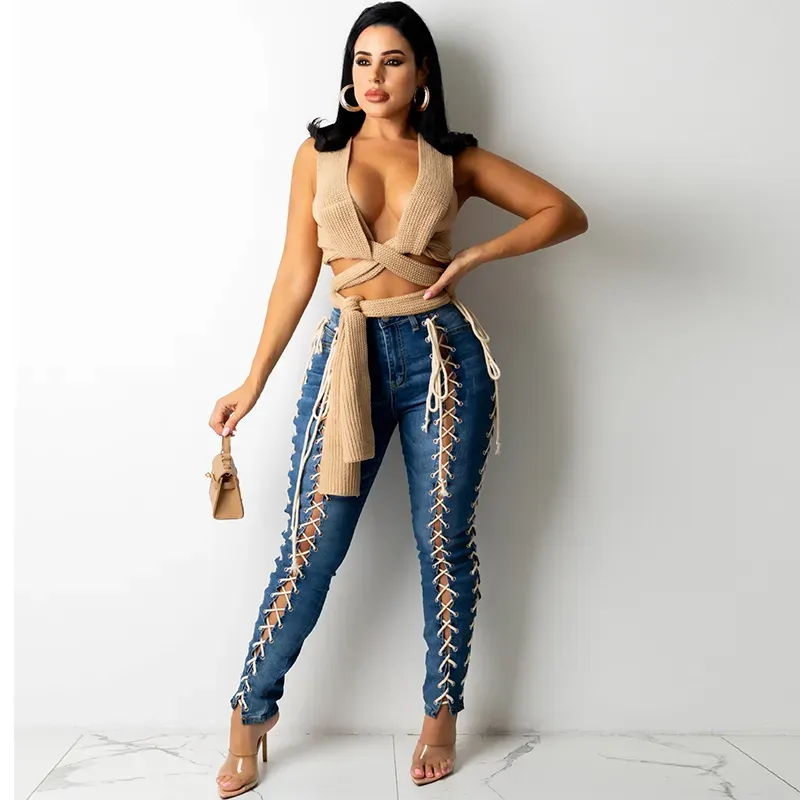 Mid Rise Lace Up Jeans