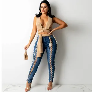 Mid Rise Lace Up Jeans
