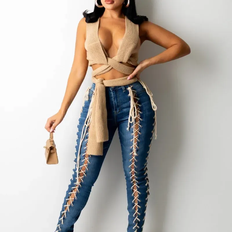 Mid Rise Lace Up Jeans