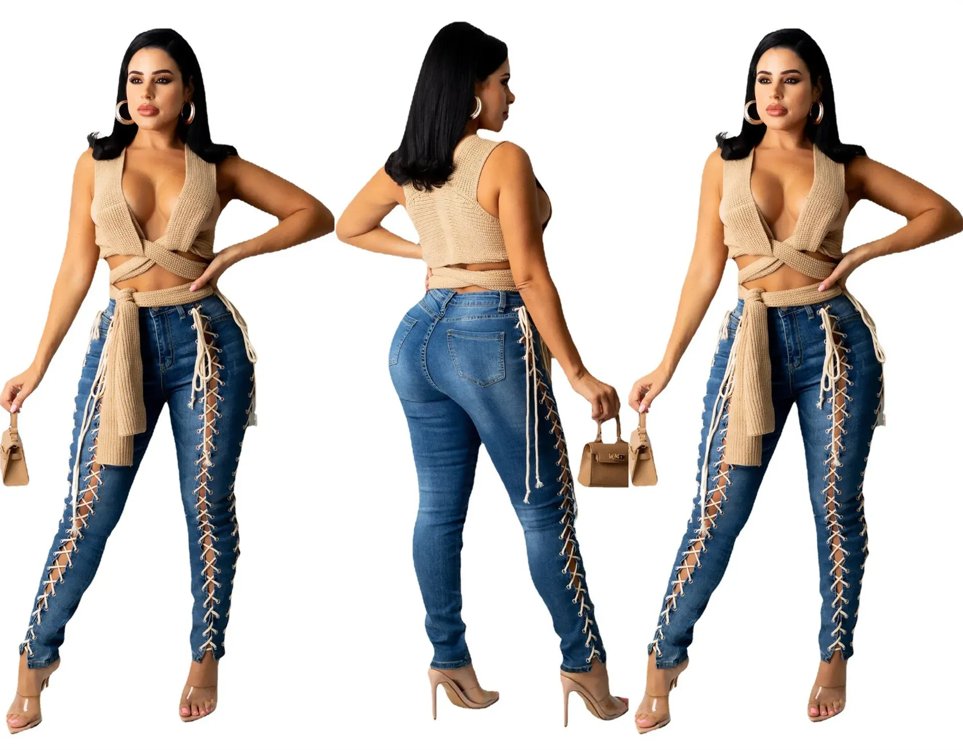 Mid Rise Lace Up Jeans
