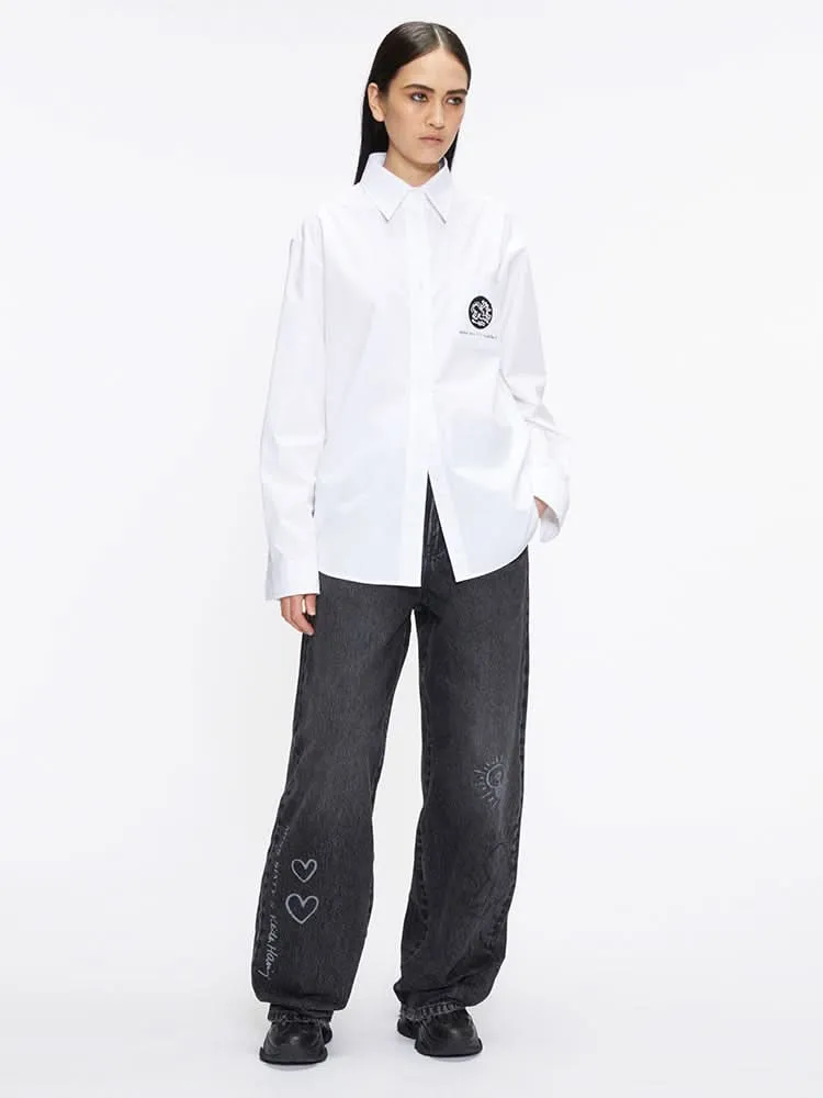 Miss Sixty X Keith Haring Capsule Collection Relaxed Long Shirt With Embroidered Medallion