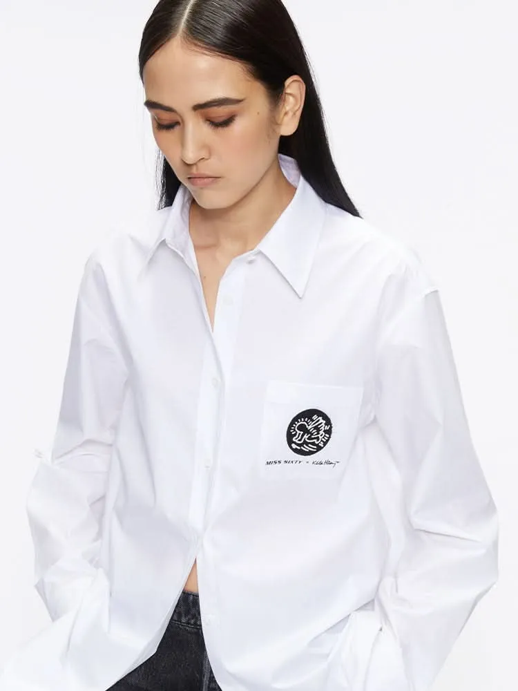 Miss Sixty X Keith Haring Capsule Collection Relaxed Long Shirt With Embroidered Medallion