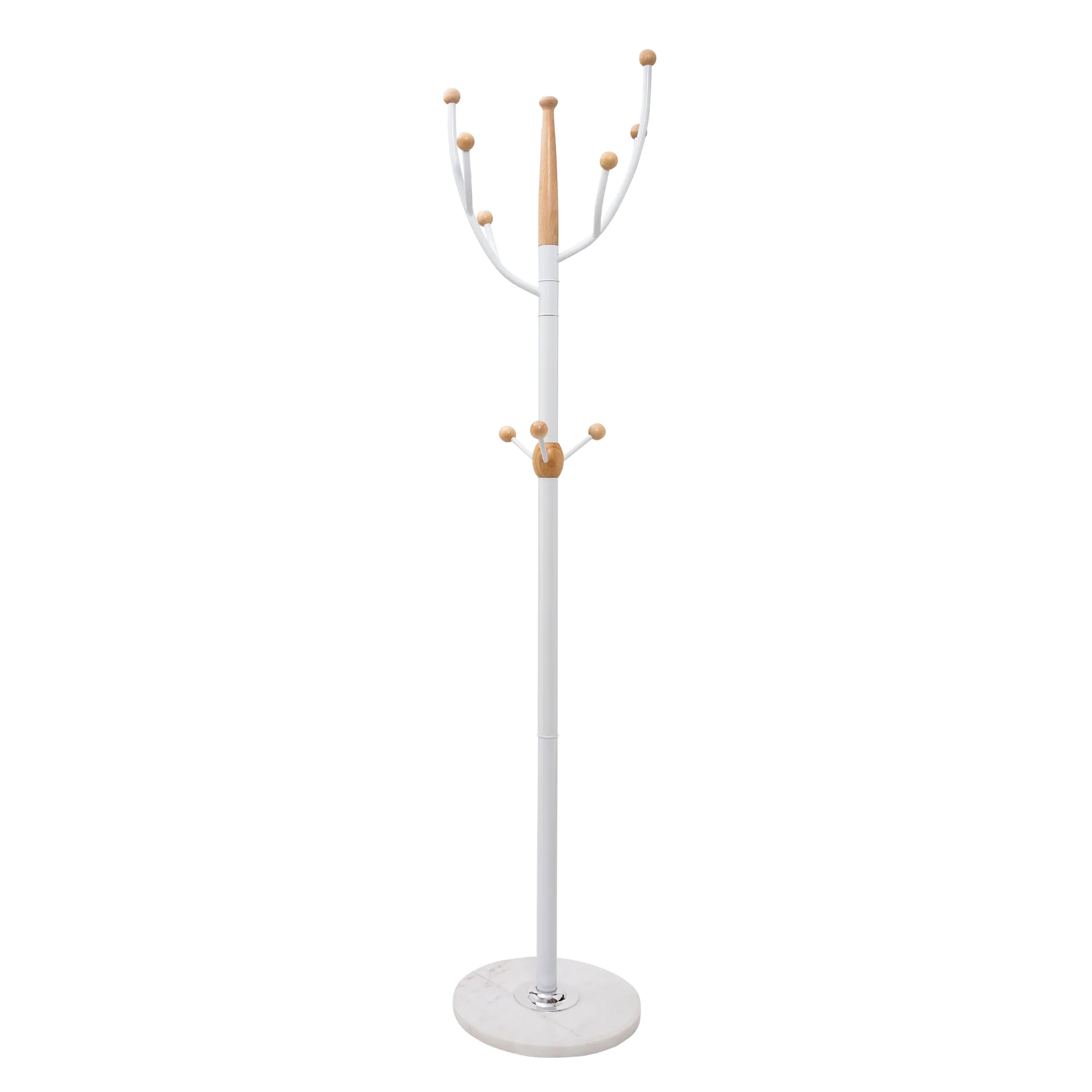 N1 Premium Coat Rack Stand with White Metal & Beech Wood Balls - Solid Marble Base