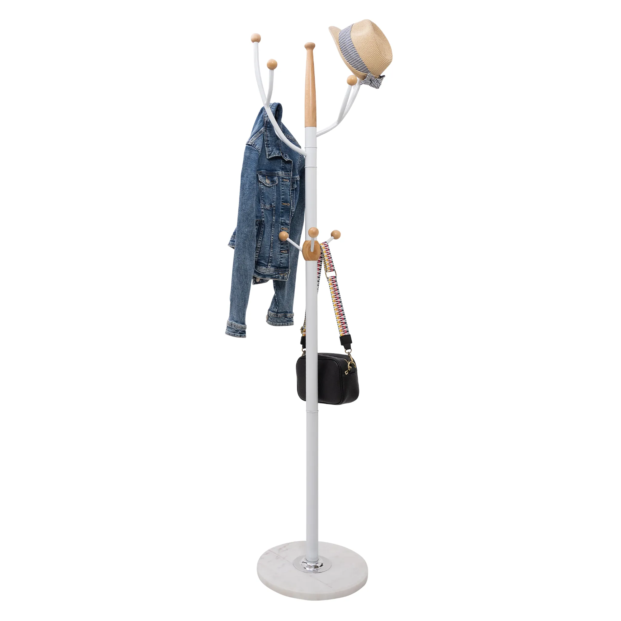 N1 Premium Coat Rack Stand with White Metal & Beech Wood Balls - Solid Marble Base