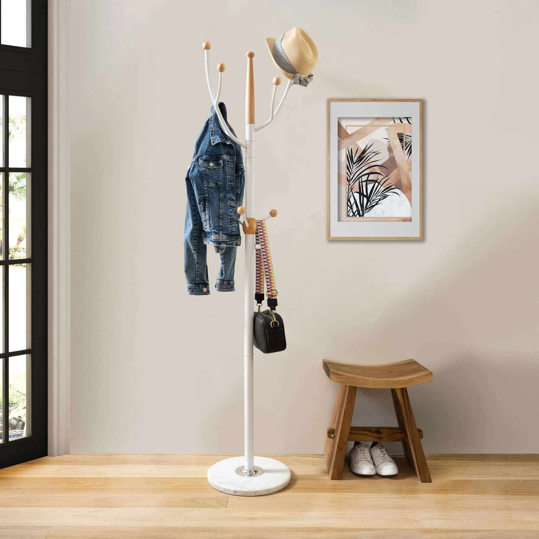 N1 Premium Coat Rack Stand with White Metal & Beech Wood Balls - Solid Marble Base
