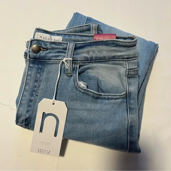 Nature Denim Straight High Rise Split Hem Jeans