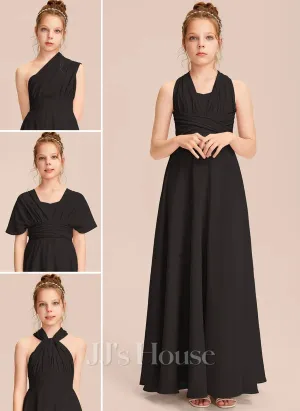NEW JJ House A-line Halter One Shoulder V-Neck Floor-Length Chiffon Junior Bridesmaid Dress, wear many ways, Sz Junior 14, Black, Retails $93