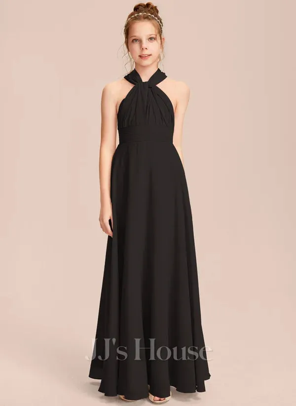 NEW JJ House A-line Halter One Shoulder V-Neck Floor-Length Chiffon Junior Bridesmaid Dress, wear many ways, Sz Junior 14, Black, Retails $93